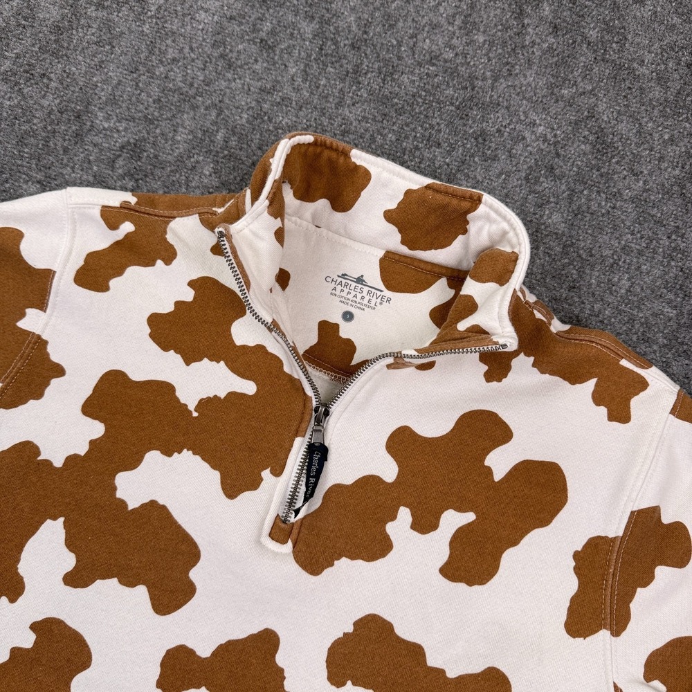 Charles River Unisex Quarter Zip Sweatshirt Small Brown Cow Print Fleece 9359P